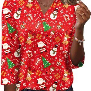 Trendy X-Large 3/4 Sleeve V-Neck Blouse - Fashionable Scarlet Print for Everyday
